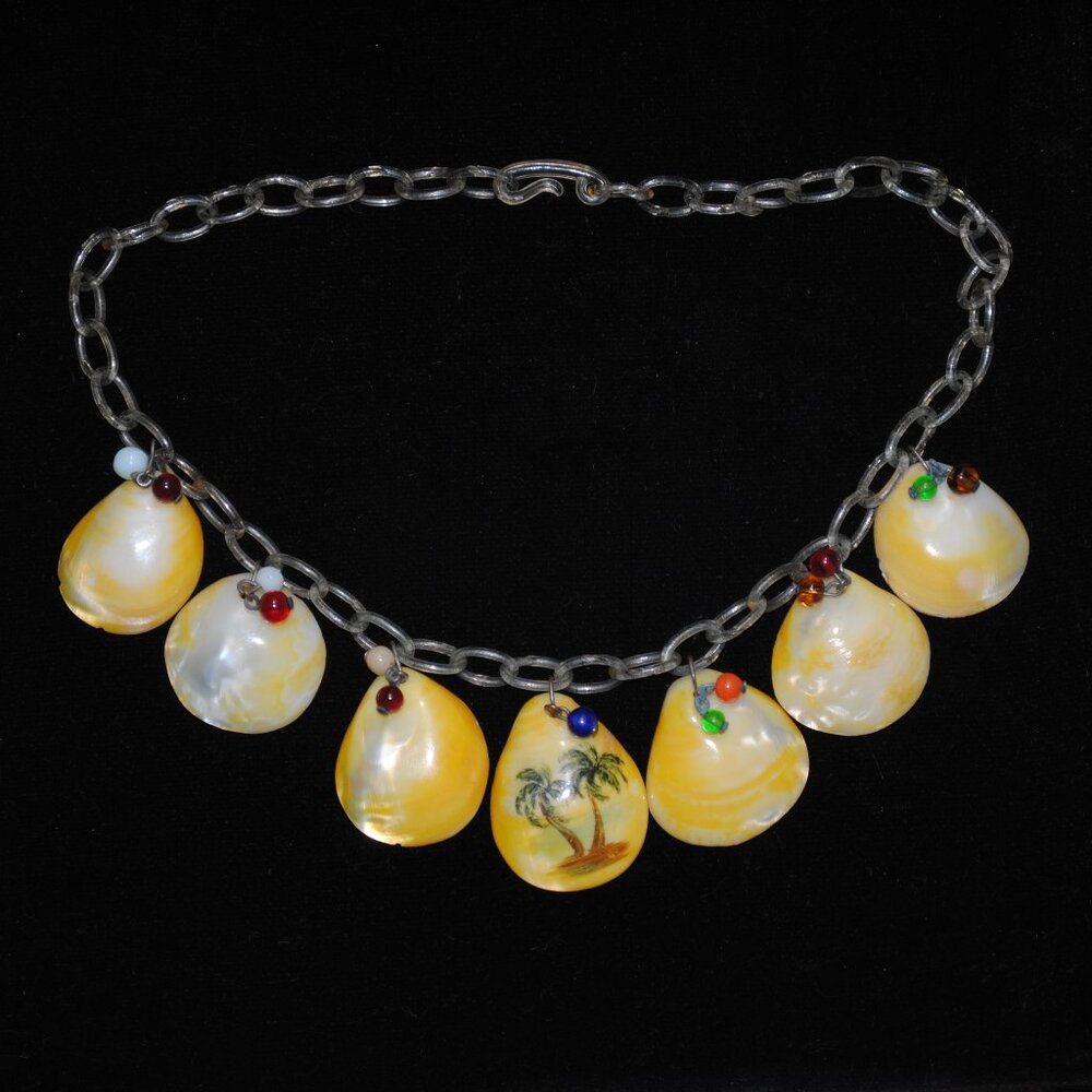 Vintage Shell & Lucite Necklace with Beads and Painted Palm Tree